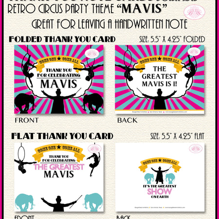Circus Showman Party Thank You Card Birthday Animals Girl Blue Pink Yellow Carnival Aerialist Boogie Bear Invitations Mavis Theme Printed
