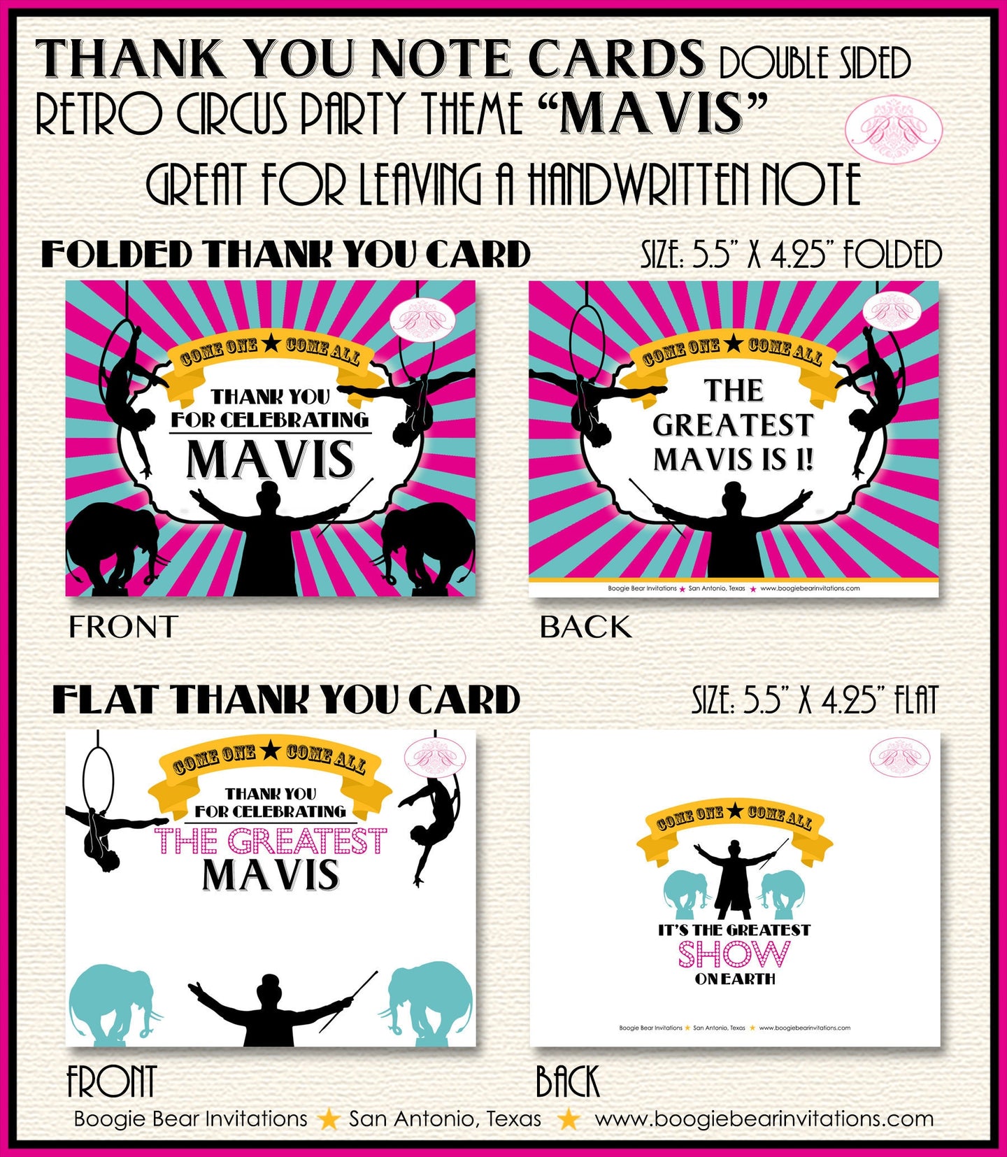 Circus Showman Party Thank You Card Birthday Animals Girl Blue Pink Yellow Carnival Aerialist Boogie Bear Invitations Mavis Theme Printed