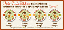 Load image into Gallery viewer, Autumn Harvest Boy Party Circle Stickers Birthday Sheet Round Fall Pumpkin 1st 2nd 3rd 4th 5th 6th 7th Boogie Bear Invitations George Theme