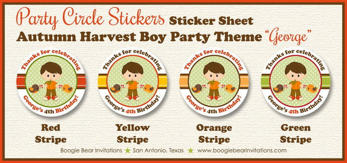 Autumn Harvest Boy Party Circle Stickers Birthday Sheet Round Fall Pumpkin 1st 2nd 3rd 4th 5th 6th 7th Boogie Bear Invitations George Theme