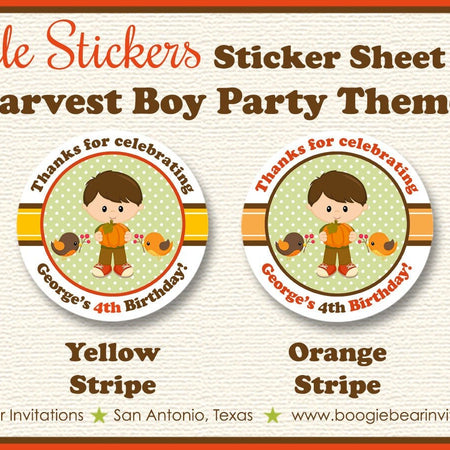 Autumn Harvest Boy Party Circle Stickers Birthday Sheet Round Fall Pumpkin 1st 2nd 3rd 4th 5th 6th 7th Boogie Bear Invitations George Theme