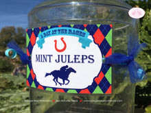 Load image into Gallery viewer, Horse Racing Party Beverage Card Wrap Drink Label Tag Sign Birthday Red Green Blue Kentucky Derby Jockey Boogie Bear Invitations Tommy Theme