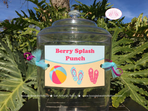 Flip Flop Pool Party Beverage Card Wrap Drink Label Sign Birthday Girl Swim Swimming Splash Beach Ocean Boogie Bear Invitations Monica Theme