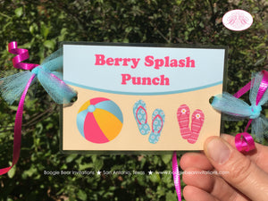 Flip Flop Pool Party Beverage Card Wrap Drink Label Sign Birthday Girl Swim Swimming Splash Beach Ocean Boogie Bear Invitations Monica Theme