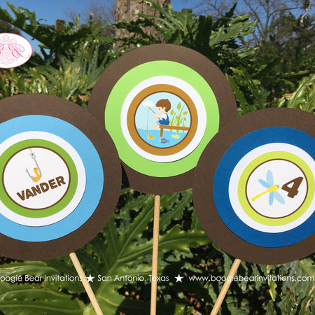 Fishing Boy Birthday Party Centerpiece Sticks Boy Little Man Dock Blue Green Butterfly Frog Turtle Fish Boogie Bear Invitations Vander Theme