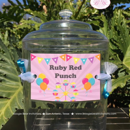 Amusement Park Birthday Party Beverage Card Drink Label Sign Wrap Girl Pink Ferris Wheel Ride Carousel Boogie Bear Invitations Camille Theme