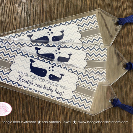 Navy Blue Whale Baby Shower Bookmarks Favor Boy Girl Party Grey Ocean Silver White Label Chevron Swim Boogie Bear Invitations Kristy Theme