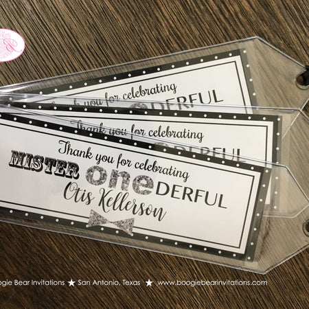 Mr Wonderful Birthday Party Bookmarks Favor Gift Boy Polka Dot Mister Onederful Black Silver Grey 1st ONE Boogie Bear Invitations Otis Theme