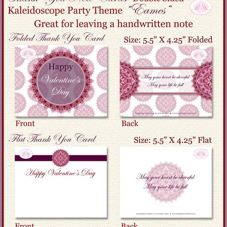 Valentine Party Thank You Card Birthday Day Love Kaleidoscope Purple Pink Red Radial Pattern 1st Boogie Bear Invitations Eames Theme Printed