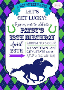 Horse Racing Birthday Party Invitation Purple Green Kentucky Derby Jockey Boogie Bear Invitations Patsy Theme Paperless Printable Printed