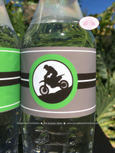 Load image into Gallery viewer, Green Dirt Bike Birthday Party Bottle Wraps Wrappers Cover Enduro Motocross Racing Motorcycle Off Road Boogie Bear Invitations Dwayne Theme