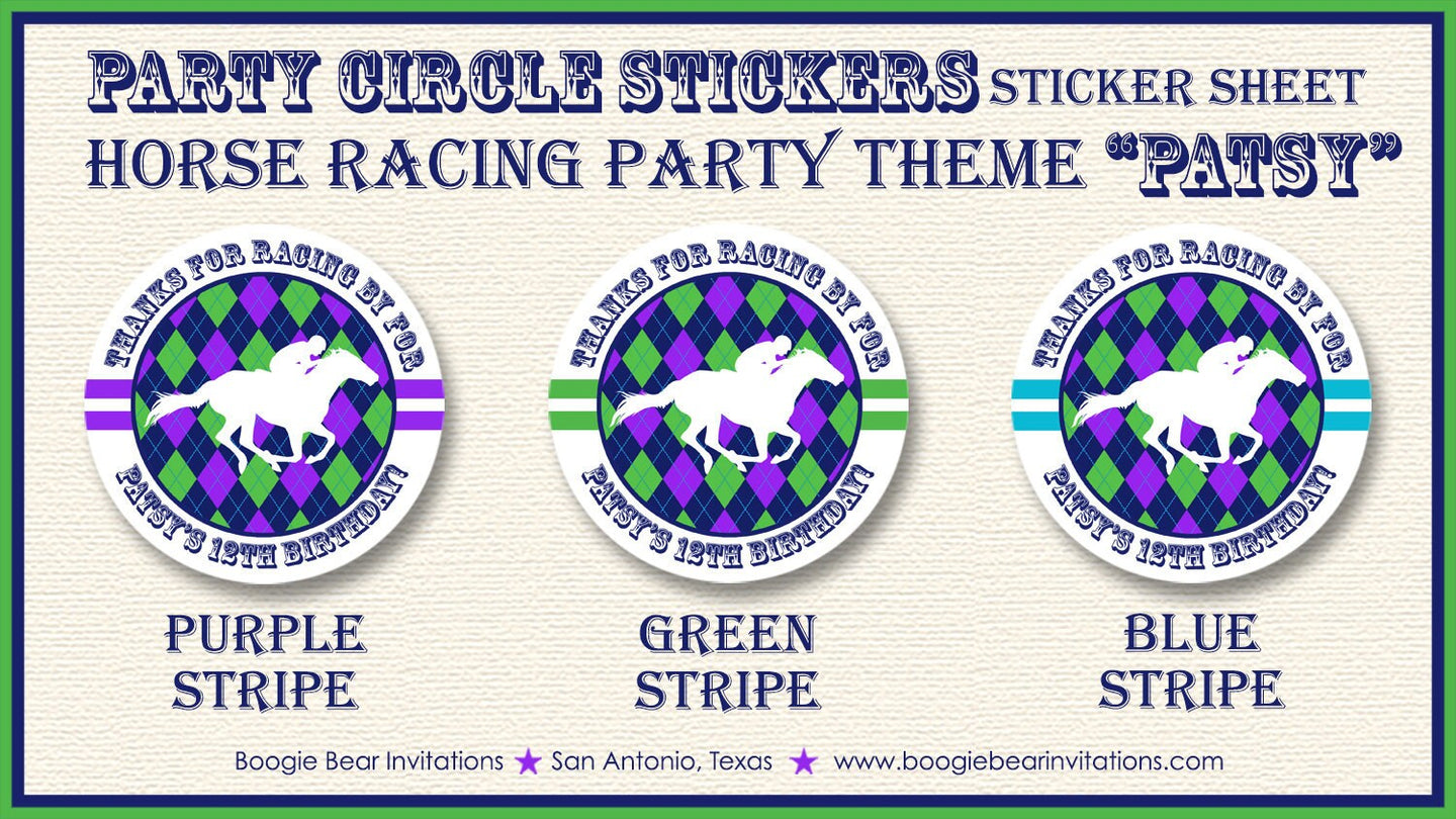 Horse Racing Birthday Party Stickers Circle Sheet Round Purple Green Kentucky Race Track Derby Argyle Boogie Bear Invitations Patsy Theme