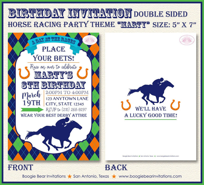 Horse Racing Birthday Party Invitation Jockey Kentucky Derby Orange Green Boogie Bear Invitations Marty Theme Paperless Printable Printed