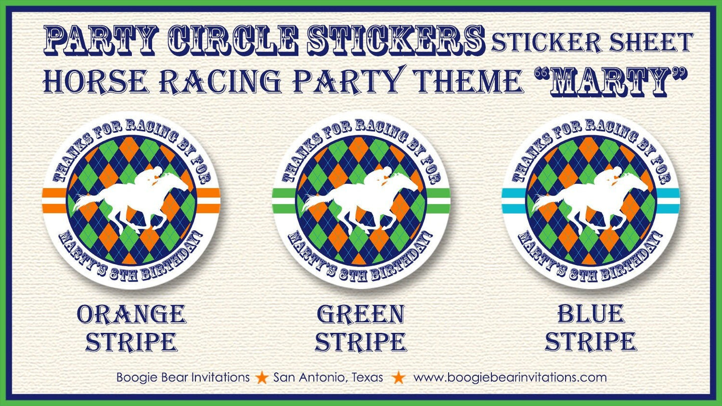 Horse Racing Birthday Party Stickers Circle Sheet Round Orange Green Blue Kentucky Derby Race Jockey Tag Boogie Bear Invitations Marty Theme