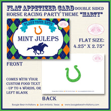 Load image into Gallery viewer, Horse Racing Birthday Party Favor Card Tent Appetizer Food Place Orange Green Blue Kentucky Derby Jockey Boogie Bear Invitations Marty Theme