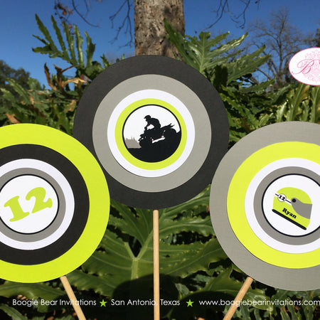 ATV Birthday Party Centerpiece Set Girl Boy Lime Green Quad All Terrain Vehicle 4 Wheeler Racing Track Boogie Bear Invitations Ryan Theme