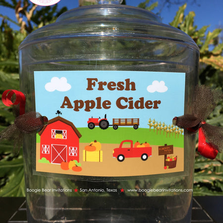 Fall Farm Party Beverage Card Wrap Drink Label Sign Birthday Pumpkin Red Barn Country Harvest Boy Girl Boogie Bear Invitations Donovan Theme