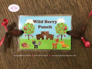 Valentine Woodland Party Beverage Card Wrap Drink Label Birthday Forest Animals Day Red Pink Heart Love Boogie Bear Invitations Amelie Theme