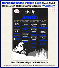 Load image into Gallery viewer, Dirt Bike Birthday Party Sign Stats Poster Flat Frameable Chalkboard Milestone Black Blue Girl Boy 1st Boogie Bear Invitations Austin Theme