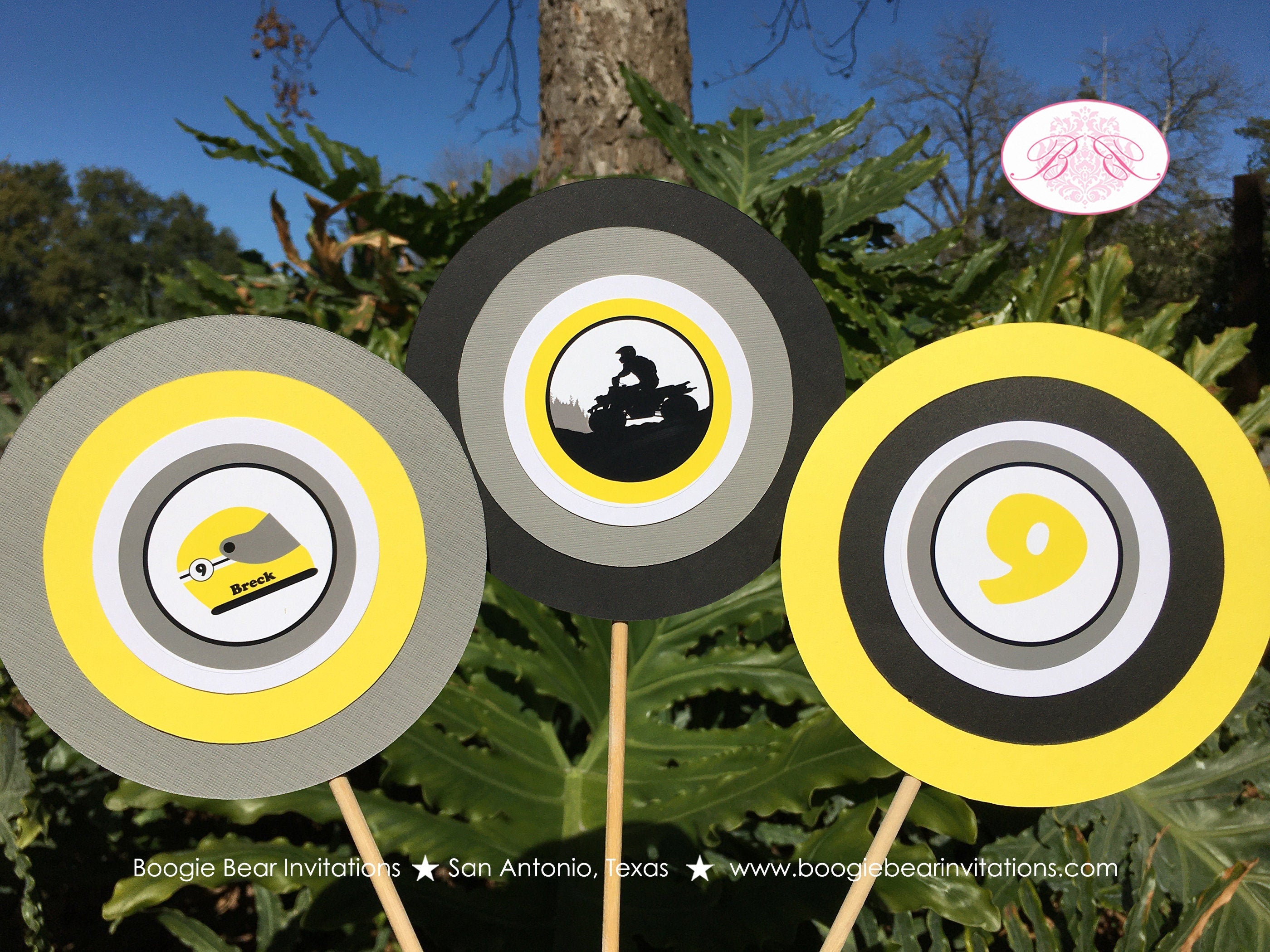 ATV Birthday Party Centerpiece Set Girl Boy Yellow Quad All Terrain Vehicle 4 Wheeler Race Racing Track Boogie Bear Invitations Breck Theme