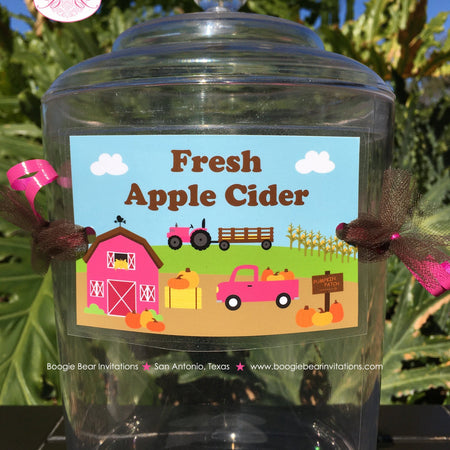 Fall Farm Party Beverage Card Wrap Drink Label Sign Birthday Pumpkin Pink Barn Autumn Country Girl Boogie Bear Invitations Susannah Theme