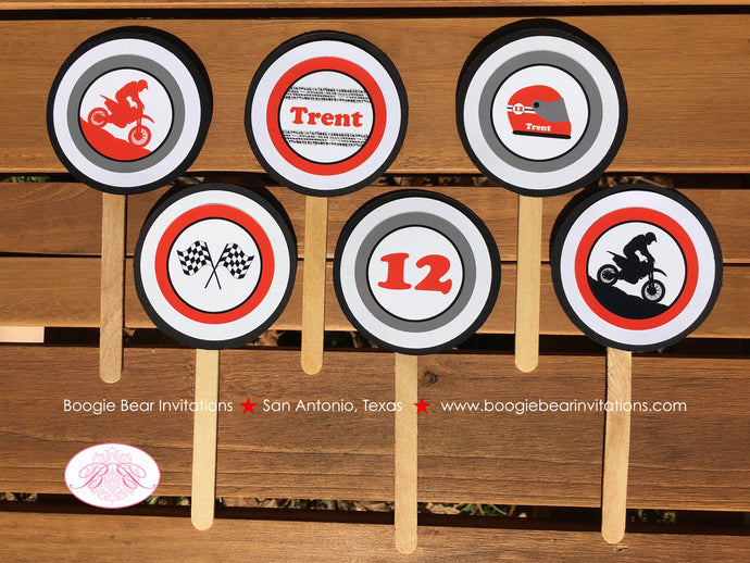 Red Dirt Bike Birthday Party Cupcake Toppers Set Black Enduro Motocross Motorcycle Sports Off Road Track Boogie Bear Invitations Trent Theme