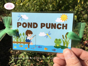 Fishing Boy Party Beverage Card Wrap Drink Label Birthday Blue Green Lake River Pond Fish Pole Hole Boogie Bear Invitations Vander Theme