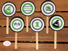 Load image into Gallery viewer, Green Dirt Bike Birthday Party Cupcake Toppers Black Enduro Motocross Motorcycle Sports Off Road Track Boogie Bear Invitations Dwayne Theme