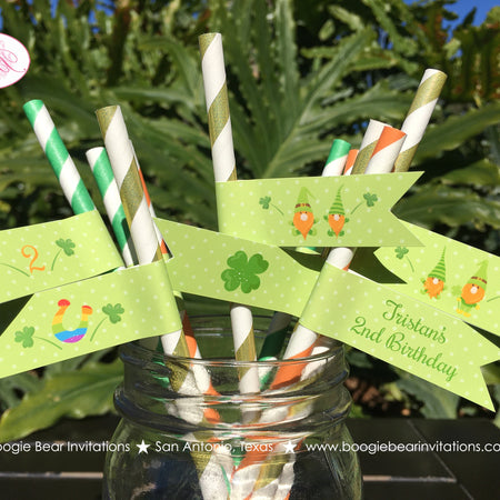 St. Patrick's Day Gnomes Party Pennant Straws Paper Drink Birthday Girl Boy Dryad Lucky 4 Leaf Clover Boogie Bear Invitations Tristan Theme
