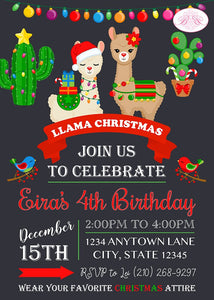 Christmas Llama Birthday Party Invitation Girl Boy Alpaca Birds Cactus Winter Chalkboard Boogie Bear Eira Theme Paperless Printable Printed