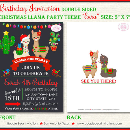 Christmas Llama Birthday Party Invitation Girl Boy Alpaca Birds Cactus Winter Chalkboard Boogie Bear Eira Theme Paperless Printable Printed