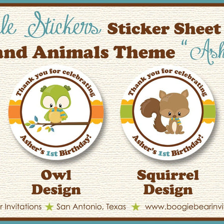 Fall Woodland Animals Party Stickers Circle Sheet Birthday Boy Girl Pumpkin Fox Owl Raccoon Squirrel Tag Boogie Bear Invitations Asher Theme