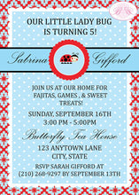 Load image into Gallery viewer, Red Ladybug Birthday Party Invitation Little Blue Girl Garden Picnic Black Boogie Bear Invitations Sabrina Theme Paperless Printable Printed