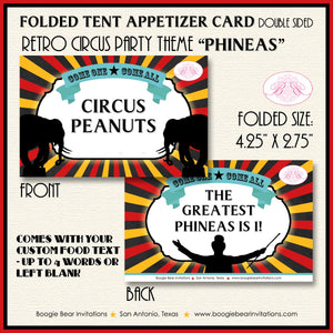 Circus Showman Favor Party Card Place Tent Appetizer Food Label Big Top Animals Boy Girl Acrobat Black Boogie Bear Invitations Phineas Theme