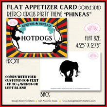 Load image into Gallery viewer, Circus Showman Favor Party Card Place Tent Appetizer Food Label Big Top Animals Boy Girl Acrobat Black Boogie Bear Invitations Phineas Theme