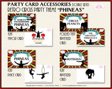 Load image into Gallery viewer, Circus Showman Favor Party Card Place Tent Appetizer Food Label Big Top Animals Boy Girl Acrobat Black Boogie Bear Invitations Phineas Theme