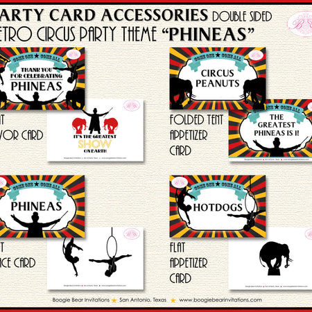 Circus Showman Favor Party Card Place Tent Appetizer Food Label Big Top Animals Boy Girl Acrobat Black Boogie Bear Invitations Phineas Theme