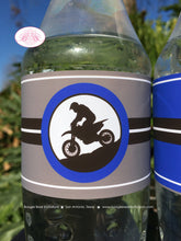 Load image into Gallery viewer, Blue Dirt Bike Birthday Party Bottle Wraps Wrappers Cover Motocross Enduro Racing Race Track Mountain Boogie Bear Invitations Austin Theme