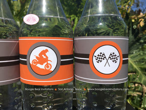 Orange Dirt Bike Birthday Party Bottle Wraps Wrappers Cover Boy Girl Racing Motorcycle Enduro Motorcycle Boogie Bear Invitations Raine Theme