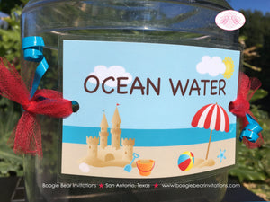 Retro Beach Party Beverage Card Wrap Drink Label Sign Birthday Boy Girl Ocean Blue Swim Swimming Splash Boogie Bear Invitations Dustin Theme