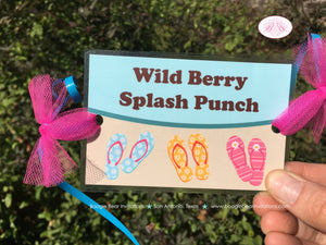Flip Flop Pool Party Beverage Card Wrap Drink Label Sign Birthday Girl Swim Swimming Beach Ocean Splash Boogie Bear Invitations Jenna Theme