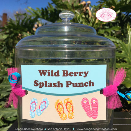 Flip Flop Pool Party Beverage Card Wrap Drink Label Sign Birthday Girl Swim Swimming Beach Ocean Splash Boogie Bear Invitations Jenna Theme