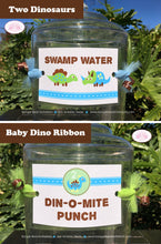 Load image into Gallery viewer, Little Dinosaur Birthday Party Beverage Card Drink Label Sign Wrap Boy Blue Green Yellow Jurassic Stomp Boogie Bear Invitations Liam Theme