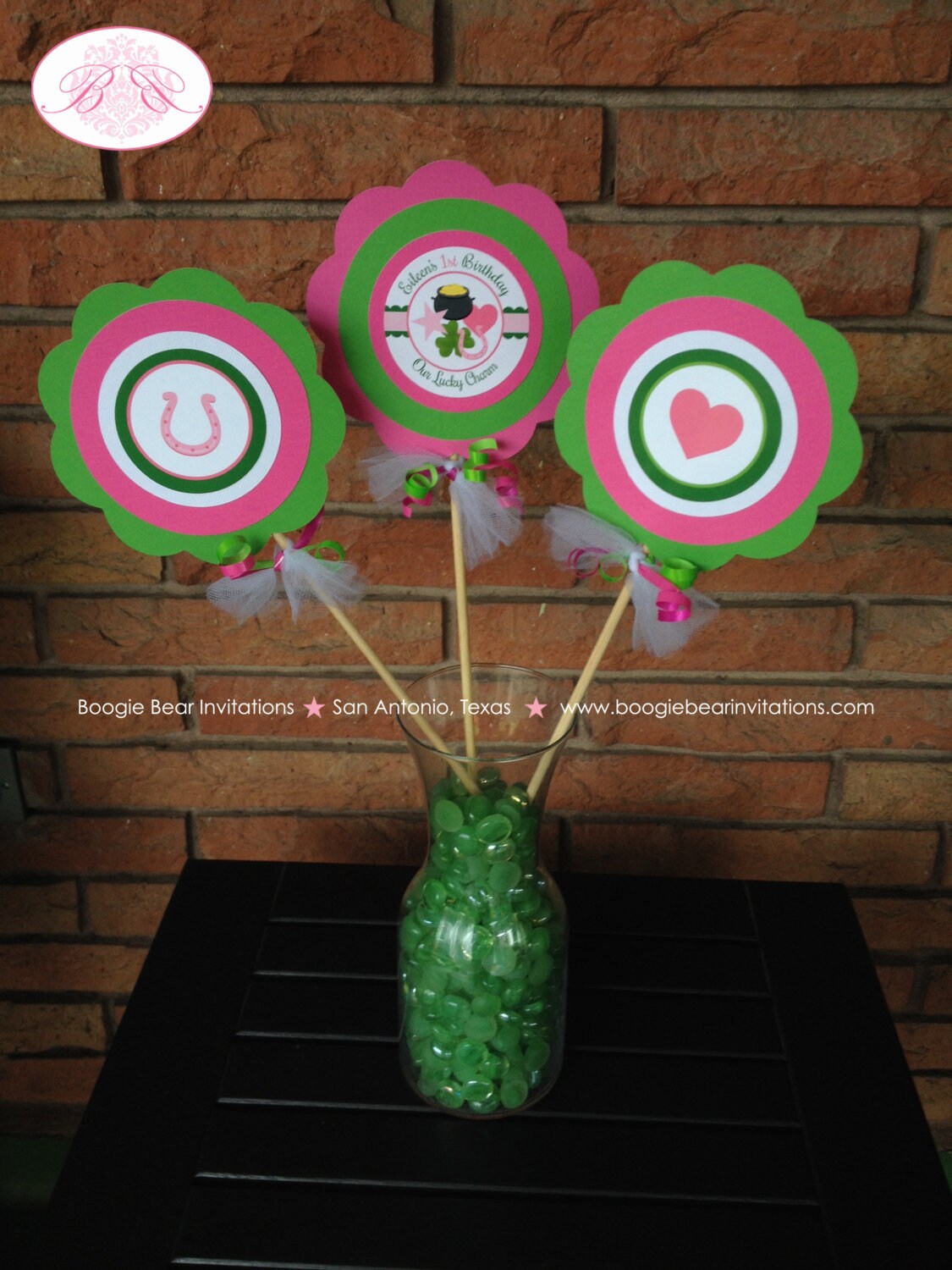 Lucky Charm Birthday Party Centerpiece Set Pink St. Patrick's Day Green Shamrock 4 Leaf Clover Display Boogie Bear Invitations Eileen Theme