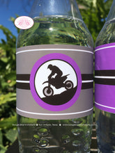 Load image into Gallery viewer, Purple Dirt Bike Birthday Party Bottle Wraps Wrappers Cover Girl Boy Enduro Motocross Racing Race Track Boogie Bear Invitations Debra Theme