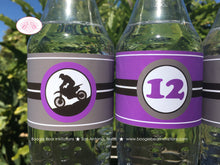 Load image into Gallery viewer, Purple Dirt Bike Birthday Party Bottle Wraps Wrappers Cover Girl Boy Enduro Motocross Racing Race Track Boogie Bear Invitations Debra Theme