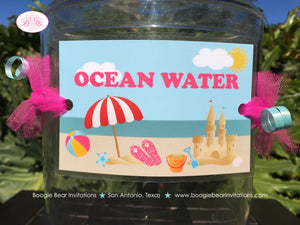 Retro Beach Party Beverage Card Wrap Drink Label Sign Birthday Pink Girl Swimming Swim Splash Ocean Boogie Bear Invitations Sunnie Theme
