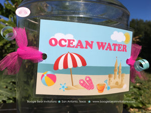 Retro Beach Party Beverage Card Wrap Drink Label Sign Birthday Pink Girl Swimming Swim Splash Ocean Boogie Bear Invitations Sunnie Theme