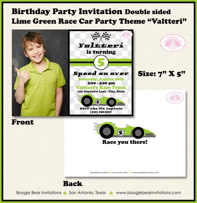Race Car Photo Birthday Party Invitation Lime Green Grand Prix Racing Kid Boogie Bear Invitations Valtteri Theme Paperless Printable Printed