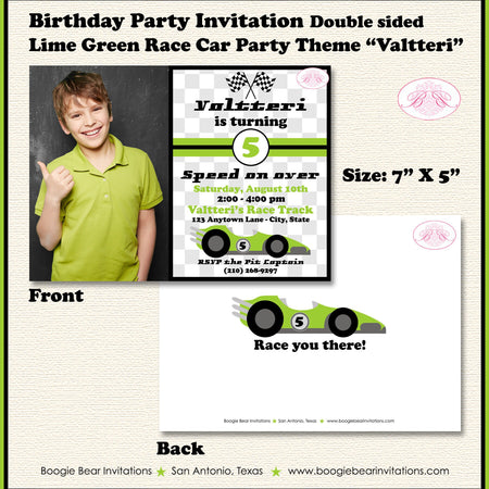 Race Car Photo Birthday Party Invitation Lime Green Grand Prix Racing Kid Boogie Bear Invitations Valtteri Theme Paperless Printable Printed